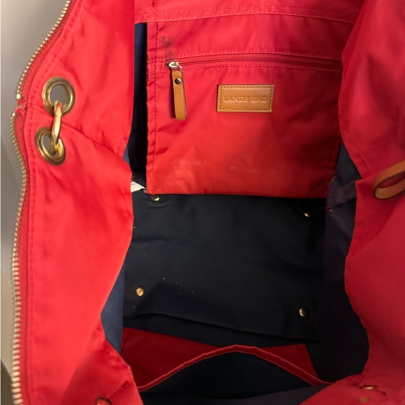 Lands’ End Red Nylon Tote Bag w/ Leather Handles – Classic Large Zip Tote - Picture 7 of 8